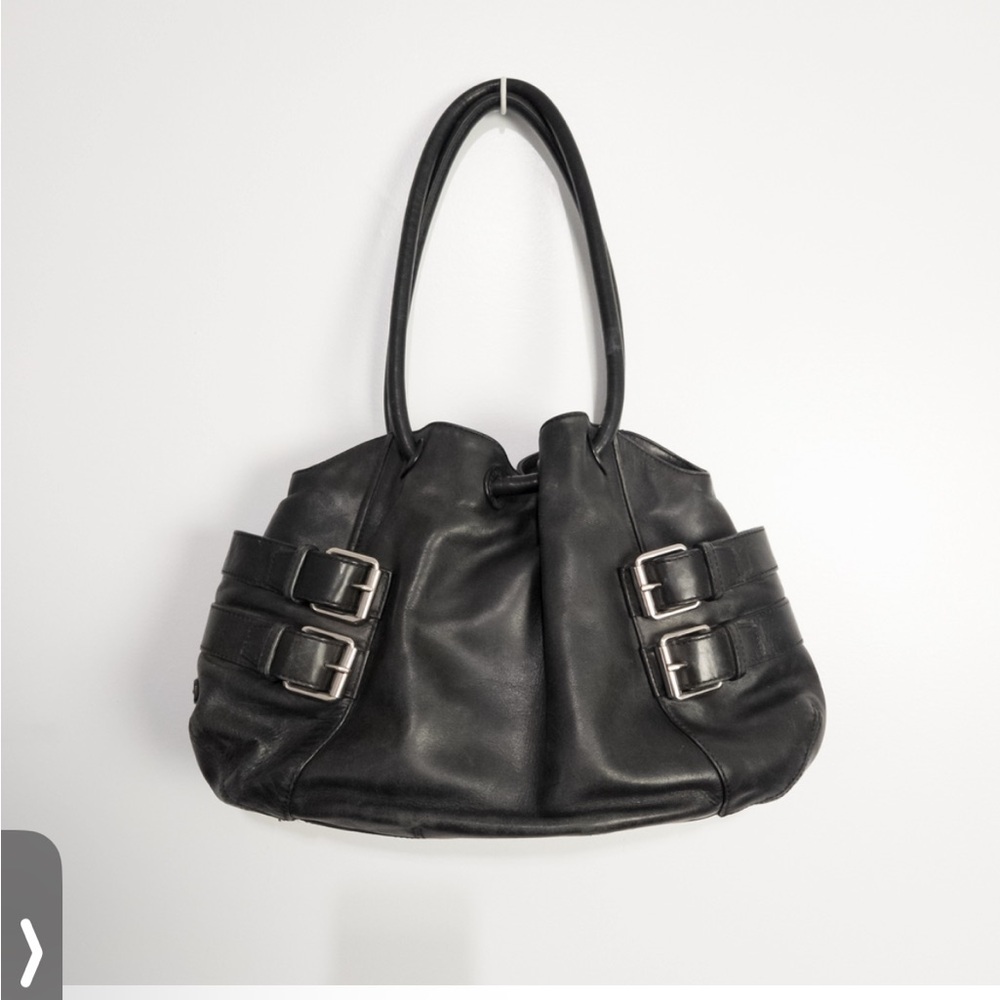 Cole Haan Black Leather buckled moto shoulder bag